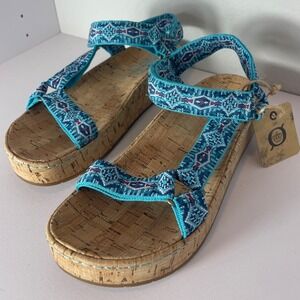 Born Women Blue Geometric Pattern Cork Platform Sandals BR0043114 Size 8M NWT